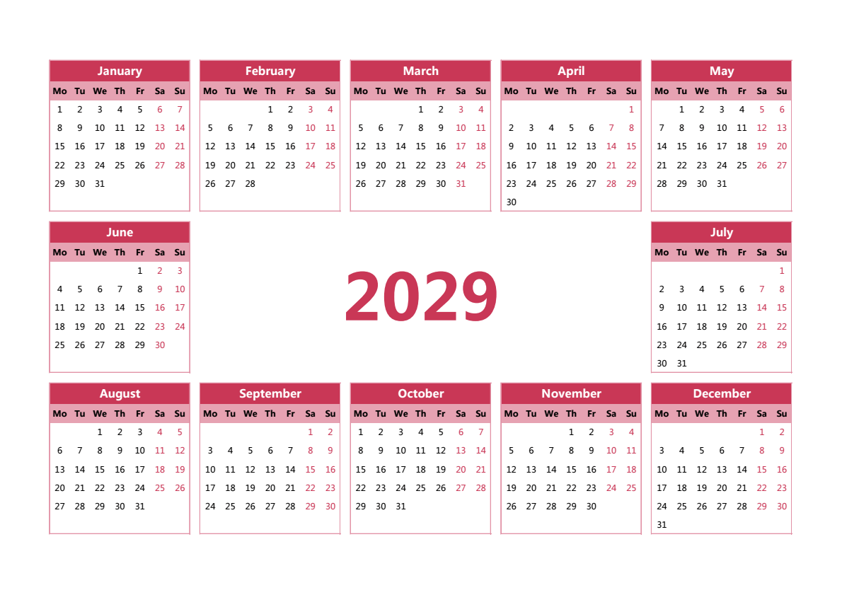 2029年日历 A3横向 英文版 无农历 无周数 周一开始